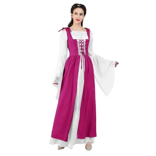 VCSZYAFX Renaissance Mittelalter Vintage Boho Langarmkleid Damen Patchwork Schnürung über zwei Stück Retro Kleid Plus Size(6504Rose Red,XS) von VCSZYAFX