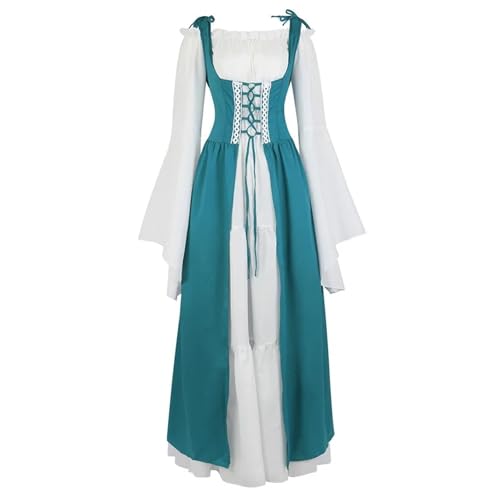 VCSZYAFX Renaissance Mittelalter Vintage Boho Langarmkleid Damen Patchwork Schnürung über zwei Stück Retro Kleid Plus Size(6504Sea Blue,XS) von VCSZYAFX