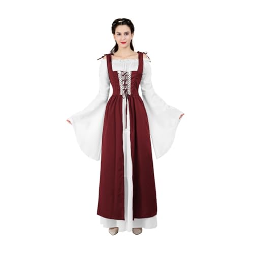 VCSZYAFX Renaissance Mittelalter Vintage Boho Langarmkleid Damen Patchwork Schnürung über zwei Stück Retro Kleid Plus Size(6504Wine Red,XXL) von VCSZYAFX