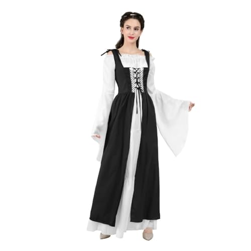 VCSZYAFX Renaissance Mittelalter Vintage Boho Langarmkleid Damen Patchwork Schnürung über zwei Stück Retro Kleid Plus Size(6504black,S) von VCSZYAFX