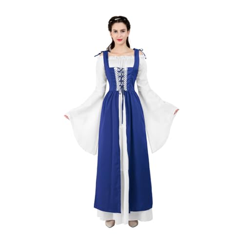 VCSZYAFX Renaissance Mittelalter Vintage Boho Langarmkleid Damen Patchwork Schnürung über zwei Stück Retro Kleid Plus Size(6504blue,S) von VCSZYAFX