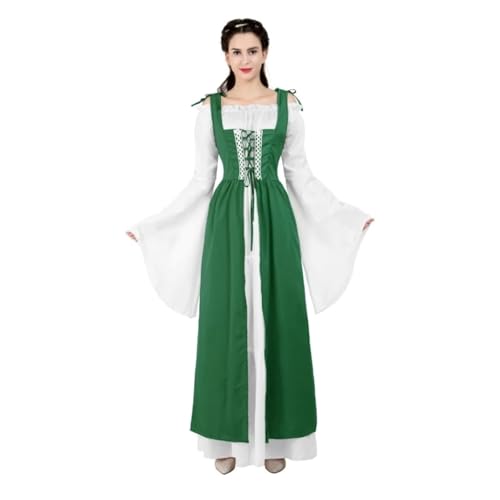 VCSZYAFX Renaissance Mittelalter Vintage Boho Langarmkleid Damen Patchwork Schnürung über zwei Stück Retro Kleid Plus Size(6504green,XL) von VCSZYAFX