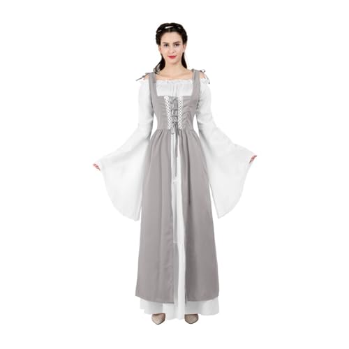 VCSZYAFX Renaissance Mittelalter Vintage Boho Langarmkleid Damen Patchwork Schnürung über zwei Stück Retro Kleid Plus Size(6504grey,XXL) von VCSZYAFX