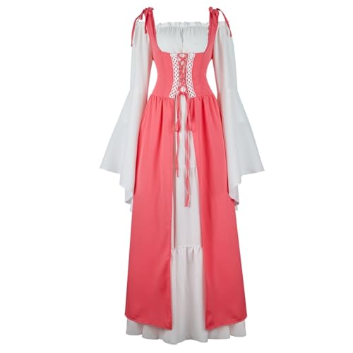 VCSZYAFX Renaissance Mittelalter Vintage Boho Langarmkleid Damen Patchwork Schnürung über zwei Stück Retro Kleid Plus Size(6504pink,S) von VCSZYAFX