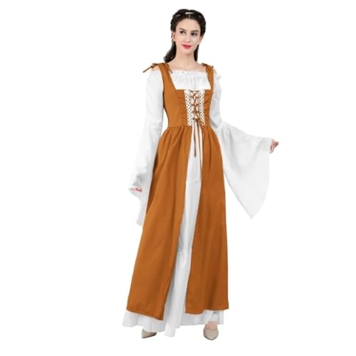 VCSZYAFX Renaissance Mittelalter Vintage Boho Langarmkleid Damen Patchwork Schnürung über zwei Stück Retro Kleid Plus Size(Color 1,L) von VCSZYAFX