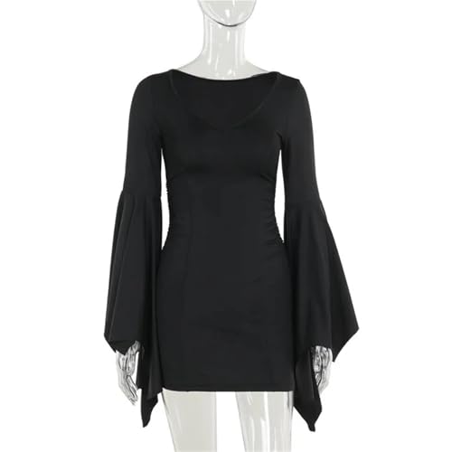 VCSZYAFX Schwarzes Gothic Vintage Fledermausärmel Hexe Halloween Mittelalter Vampir Cosplay Kostüm Frauen Ästhetisches Partykleid(S) von VCSZYAFX