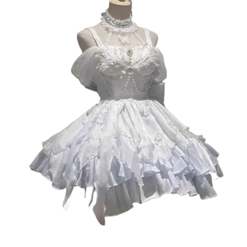 VCSZYAFX Süße Lolita Mini Sommerkleider Frauen Kawaii Spitze Patchwork Kurzarm Bandage Vintage Kurze Partykleid Weiblich(Blue,S) von VCSZYAFX