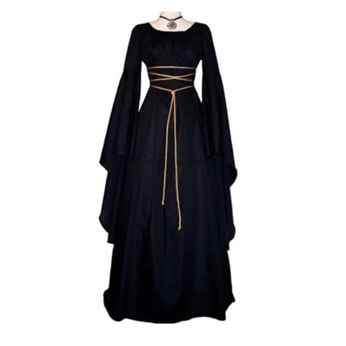 VCSZYAFX Vintage Damenkleider mit langen Ärmeln und Rundhals-Krawattengürtel for Halloween-Mittelalterkleid(Black,XL) von VCSZYAFX