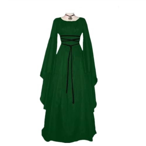 VCSZYAFX Vintage Damenkleider mit langen Ärmeln und Rundhals-Krawattengürtel for Halloween-Mittelalterkleid(Green,S) von VCSZYAFX