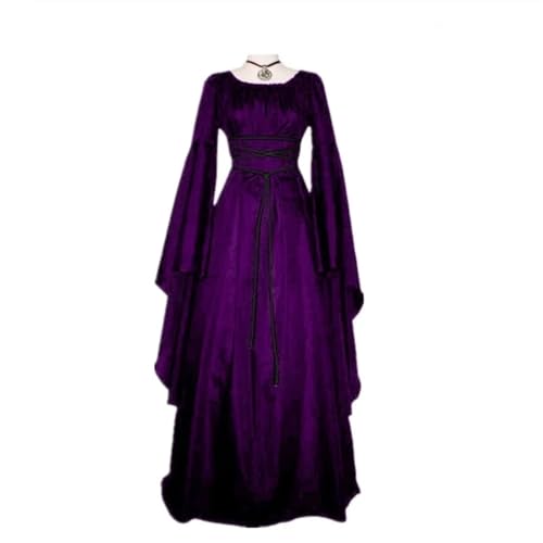 VCSZYAFX Vintage Damenkleider mit langen Ärmeln und Rundhals-Krawattengürtel for Halloween-Mittelalterkleid(Purple,M) von VCSZYAFX