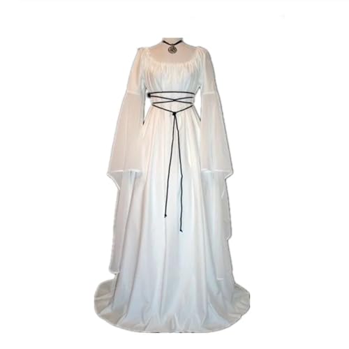 VCSZYAFX Vintage Damenkleider mit langen Ärmeln und Rundhals-Krawattengürtel for Halloween-Mittelalterkleid(White,XL) von VCSZYAFX