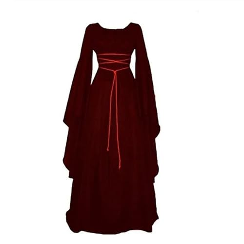 VCSZYAFX Vintage Damenkleider mit langen Ärmeln und Rundhals-Krawattengürtel for Halloween-Mittelalterkleid(Wine red,S) von VCSZYAFX