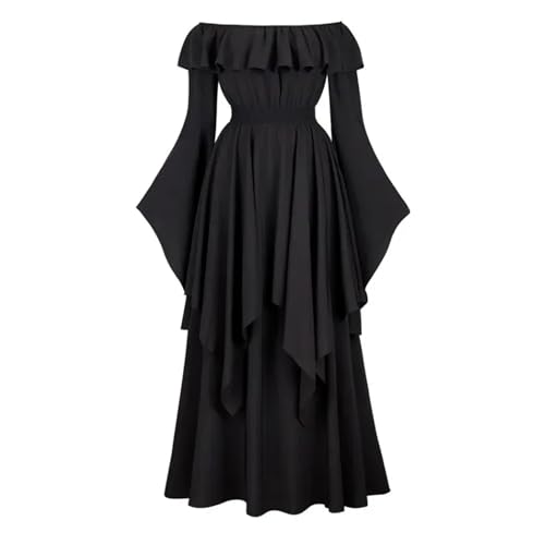VCSZYAFX Vintage Glockenärmel Mittelalterliches Schulterfreies Elastisches Hohe Taille Gesmoktes Renaissancekleid for Frauen Halloween Cosplay Kostüm(Black,XXXL) von VCSZYAFX