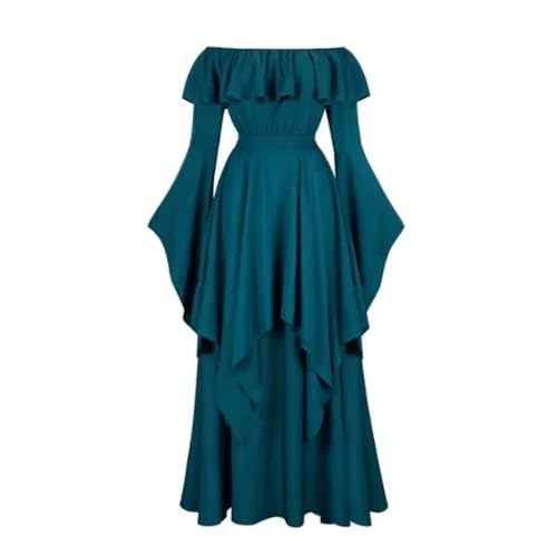 VCSZYAFX Vintage Glockenärmel Mittelalterliches Schulterfreies Elastisches Hohe Taille Gesmoktes Renaissancekleid for Frauen Halloween Cosplay Kostüm(Dark green,L) von VCSZYAFX
