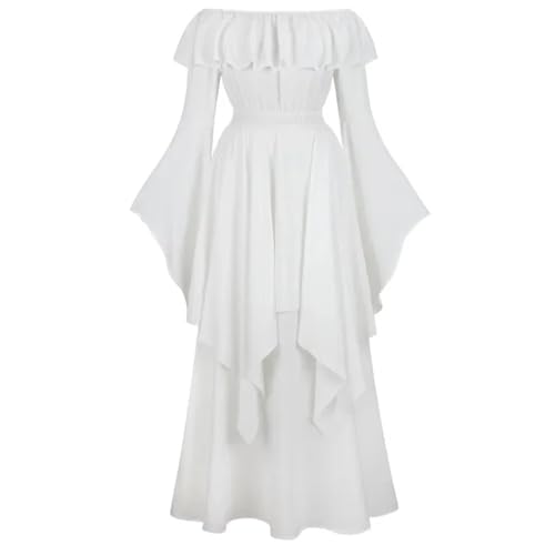 VCSZYAFX Vintage Glockenärmel Mittelalterliches Schulterfreies Elastisches Hohe Taille Gesmoktes Renaissancekleid for Frauen Halloween Cosplay Kostüm(WHITE,S) von VCSZYAFX