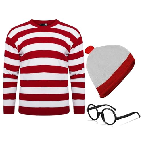 VEARZ Unisex Erwachsenen-Pullover, Hut und Brille, Set – 3-teilig, Buchwoche, Kostüm, gestreift, Übergröße, M von VEARZ