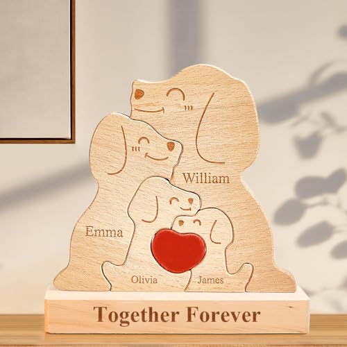 Personalisiertes Holzkunstpuzzle der Bärenfamilie mit 1-8 Familiennamen | Bärenskulptur aus Holz als Desktop-Dekoration Ornament für Zuhause Tischdekoration, Mama Großmutter (Hund) von VEELU