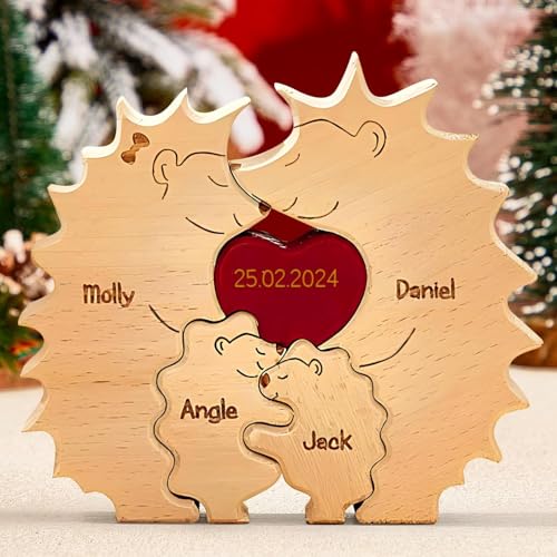 Personalisiertes Holzkunstpuzzle der Bärenfamilie mit 1-8 Familiennamen | Bärenskulptur aus Holz als Desktop-Dekoration Ornament für Zuhause Tischdekoration, Mama Großmutter (Igel) von VEELU