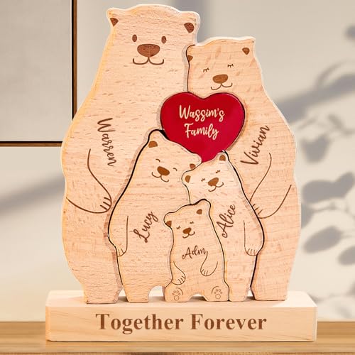 Personalisiertes Holzkunstpuzzle der Bärenfamilie mit 2-6 Familiennamen | Bärenskulptur aus Holz als Desktop-Dekoration Ornament für Zuhause Tischdekoration, Mama Großmutter von VEELU