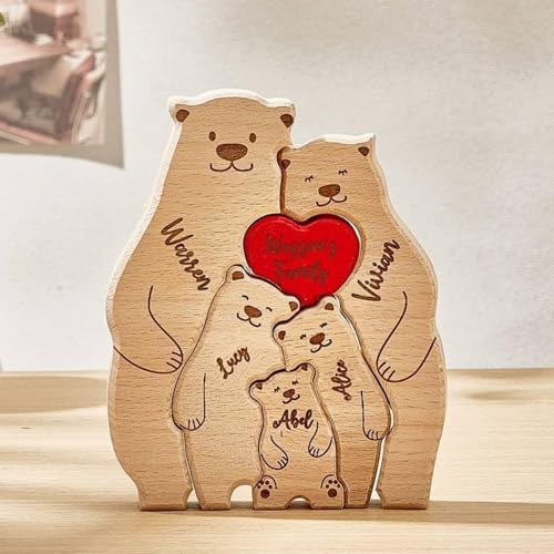 Personalisiertes Holzkunstpuzzle der Bärenfamilie mit 2-6 Familiennamen | Bärenskulptur aus Holz als Desktop-Dekoration Ornament für Zuhause Tischdekoration, Mama Großmutter von VEELU