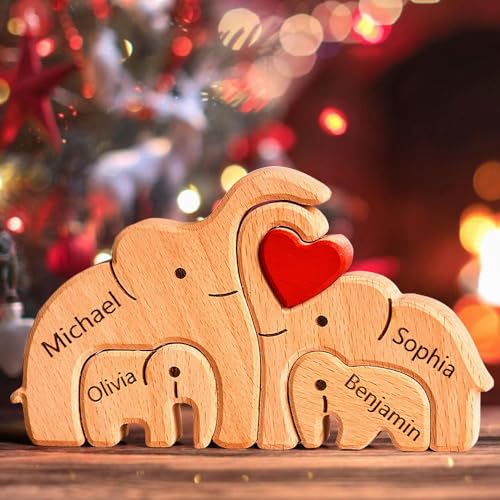 Personalisiertes Holzkunstpuzzle der Elefantenfamilie mit 1-8 Namen| Elefantenskulptur aus Holz als Desktop-Dekoration Ornament für Zuhause | Tischdekoration, Geschenk für Familie | Bürodekoration von VEELU