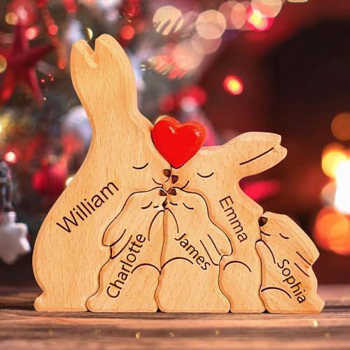 Personalisiertes Holzkunstpuzzle der Kaninchenfamilie mit 1-8 Namen| Kaninchenskulptur aus Holz als Desktop-Dekoration Ornament für Zuhause | Tischdekoration, Geschenk für Familie | Bürodekoration von VEELU