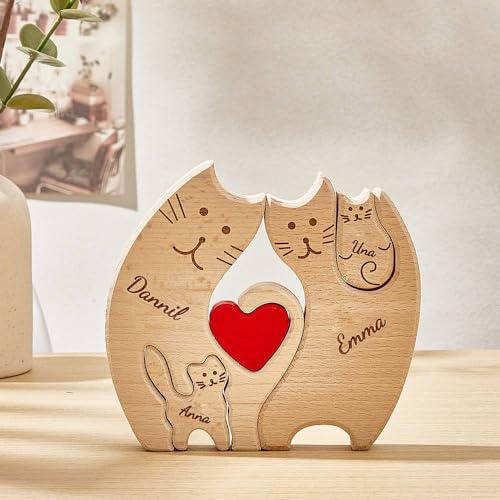 Personalisiertes Holzkunstpuzzle der Katzenfamilie mit 1-8 Namen| Katzenskulptur aus Holz als Desktop-Dekoration Ornament für Zuhause | Tischdekoration, Geschenk für Familie | Bürodekoration von VEELU
