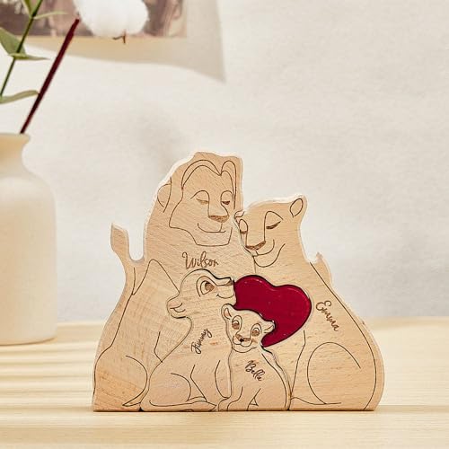 Personalisiertes Holzkunstpuzzle der Löwefamilie mit 2-6 Familiennamen | Bärenskulptur aus Holz als Desktop-Dekoration Ornament für Zuhause Tischdekoration, Mama Großmutter von VEELU