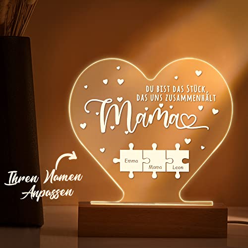 VEELU Muttertagsgeschenk Herz Nachtlicht aus Acryl mit Namen Puzzles Mom, du bist das Stück, DASS Uns zusammenhält Mama Geschenk zum Muttertag (3 Puzzles) von VEELU