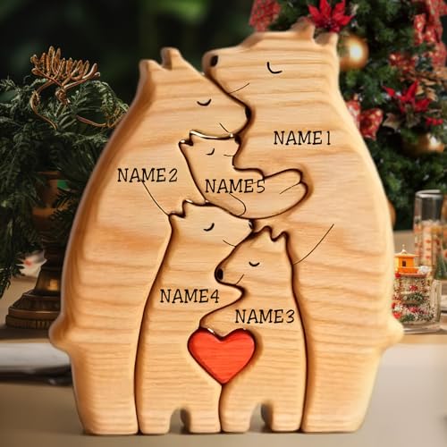 VEELU Personalisiertes Holzkunstpuzzle der Bärenfamilie mit 1-8 Namen| Holz Bär Skulpturen Desktop Ornament Home Tischdekoration, Geschenk für Familie| Bürodekoration von VEELU