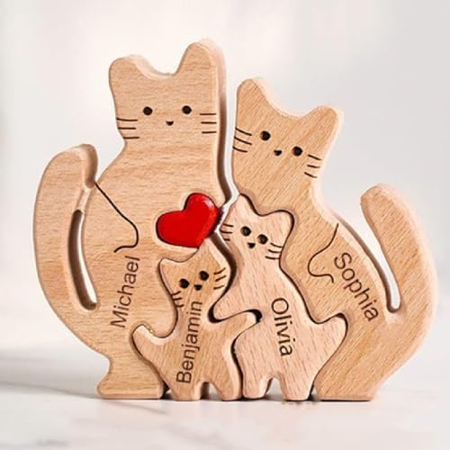 VEELU Personalisiertes Holzkunstpuzzle der Katzenfamilie mit 1-8 Namen| Holz Bär Skulpturen Desktop Ornament Home Tischdekoration, Geschenk für Familie| Bürodekoration von VEELU