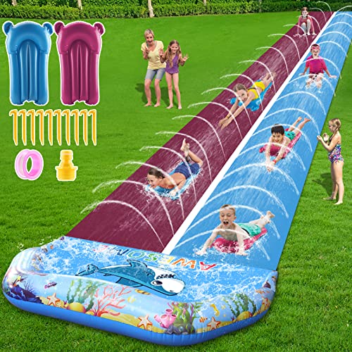 VEEST Extra lange Wasserrutschen für Kinder und Erwachsene, riesiger Doppel-Rasen-Wasserrutsche, strapazierfähig mit 2 Bodyboards, Sommer-Wasserrutschen, Spielzeug mit Crash-Pad für Hinterhof, Outdoor VEEST Extra lange Wasserrutschen für Kinder und Erwachsene, riesiger Doppel-Rasen-Wasserrutsche, strapazierfähig mit 2 Bodyboards, Sommer-Wasserrutschen, Spielzeug mit Crash-Pad für Hinterhof, Outdoor von VEEST