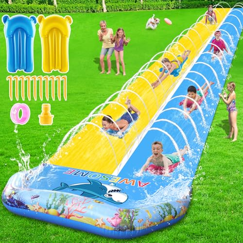 VEEST Extra lange Wasserrutschen für Kinder und Erwachsene, riesiger Doppel-Rasen-Wasserrutsche, strapazierfähig mit 2 Bodyboards, Sommer-Wasserrutschen, Spielzeug mit Crash-Pad für Hinterhof, Outdoor von VEEST