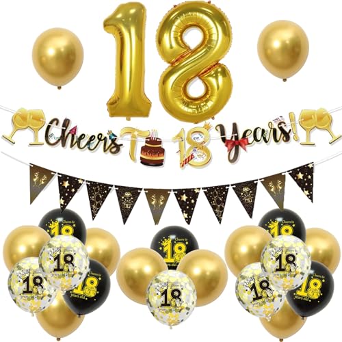 VEGCOO 18 Geburtstag Deko,23Pcs 18th Geburtstag Dekorationen Kit 18th Black Gold Ballons für Party Dekorationen 18th Geburtstag Banner und Riemen für Frauen Männer von VEGCOO