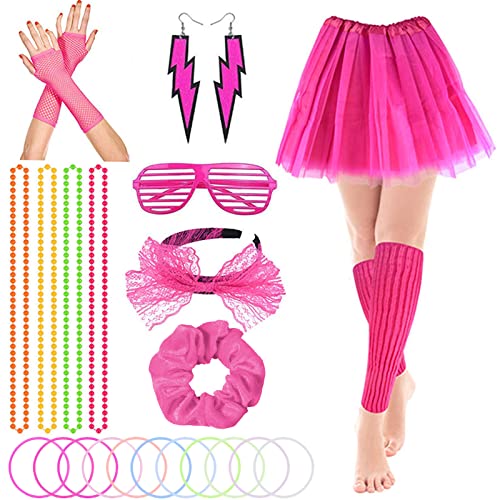 VEGCOO 24 Stück 80er Jahre Outfit Damen, 80er Kostüm Accessoires, Partei Fancy Dress Zubehör Set, Beinstulpen Netzhandschuhe Sonnenbrille Spitzenstirnband Mehrfarbige Armbänder für Halloween Party von VEGCOO