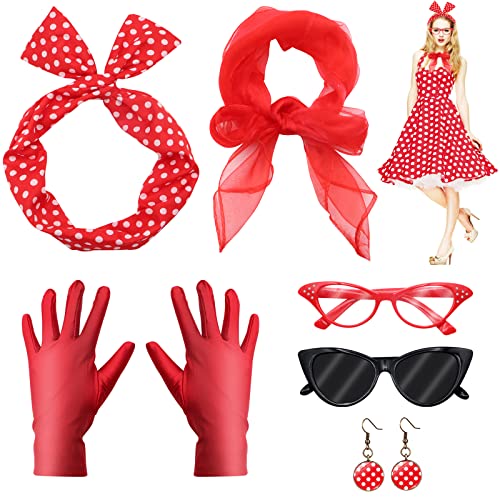 VEGCOO 6 Teiliges Rockabilly Accessoires Damen,50er Jahre Kostüm Damen Vintage Kleidungszubehör einschließlich Stirnband Handschuhe Brillen Requisiten Set (Rot) von VEGCOO