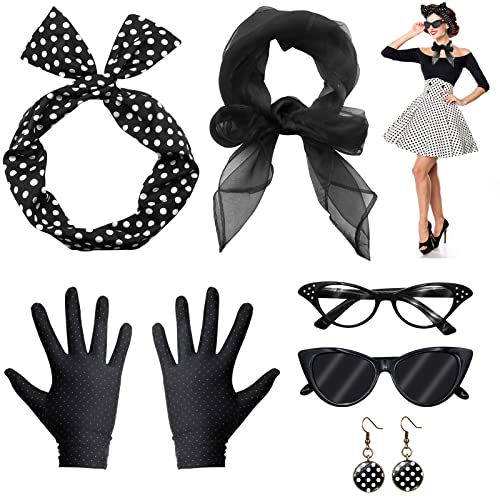 VEGCOO 6 Teiliges Rockabilly Accessoires Damen,50er Jahre Kostüm Damen Vintage Kleidungszubehör einschließlich Stirnband Handschuhe Brillen Requisiten Set (Schwarz) von VEGCOO