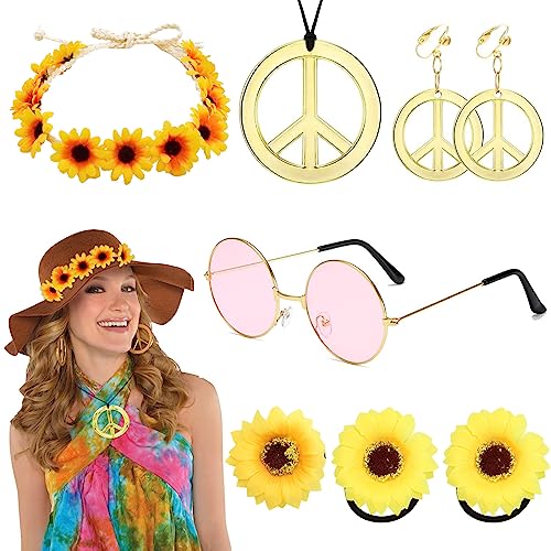 VEGCOO 7 Pcs Hippie Kostüm Set, 60er 70er Jahre Hippie Frauen Accessoires Set, 70er Jahre Verkleidung Zubehör,Sonnenblume Stirnband, Haarspangen, Haarbänder, Friedenszeichen Halskette, Ohrringe (A) von VEGCOO