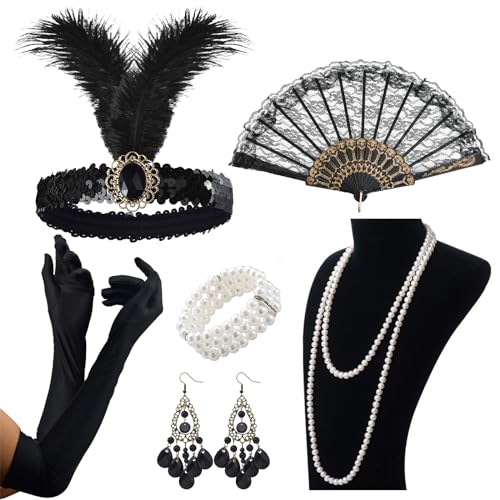 VEGCOO Flapper Great Gatsby Zubehör Set Fashion Roaring 20's Thema, Set mit Stirnband, Handschuhe, lang, Schwarz, 6-teilig von VEGCOO