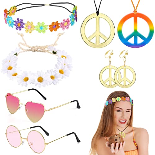VEGCOO Hippie-Kostüm-Set für Damen und Herren, 8-teiliges Set, Retro-Accessoires im 60er-/70er-Jahre-Stil, Halskette und Ohrringe, Friedenszeichen, Stirnband, Sonnenbrille für Party von VEGCOO