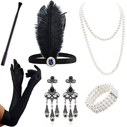 VEGCOO Zubehör Jahr 20 Damen, 6 Stück, Zubehör Gatsby Kostüm Set Charleston Damen Zubehör für Maskerade Halloween Weihnachten (Schwarz - 1) von VEGCOO