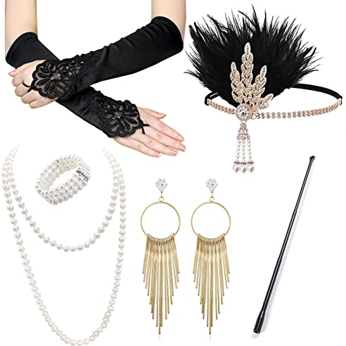 VEGCOO Zubehör Jahr 20 Damen, 6 Stück, Zubehör Gatsby Kostüm Set Charleston Damen Zubehör für Maskerade Halloween Weihnachten (Gold) von VEGCOO