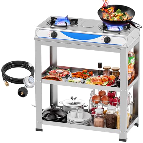 Propan-Campingkocher 2 Brenner, Silberne Freistehender Gaskocher, Gaskochfeld 2 Flammig, Manuelle Zündung, Hochwertig Tragbar für Outdoor, Camping, Wohnmobil von VELPAX