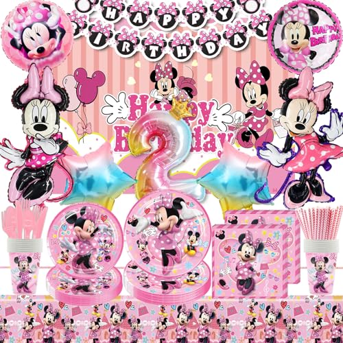 VENYAA Minn Mouse Geburtstagsdeko 2 Jahre, Deko Geburtstag Mädchen, Mini Mouse Geburtstag Deko 2 Jahre, Party Deko Luftballon Banner Teller Tasse Servietten Tischdecke Stroh (Mouse Geschirr 2 Jahre) von VENYAA