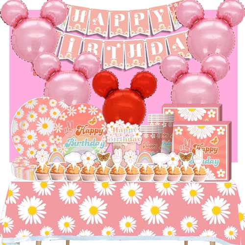 VENYAA Minn Mouse Geburtstagsdeko 3 Jahre, Deko Geburtstag Mädchen, Mini Mouse Geburtstag Deko 3 Jahre, Party Deko Luftballon Banner Teller Tasse Servietten Tischdecke Stroh (Mouse Geschirr 3 Jahre) von VENYAA