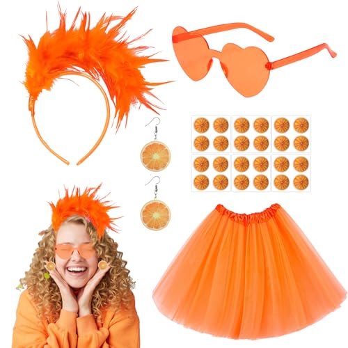 VEQENIFY 10 Stück Tüllrock Orange Karneval Kostüm Damen Tüllrock Damen Orange Fasching Kostüm Damen Feder Kopfschmuck Aufkleber Herzbrille Aperol Kostüm Damen für Halloween Fasching Karneval Party von VEQENIFY