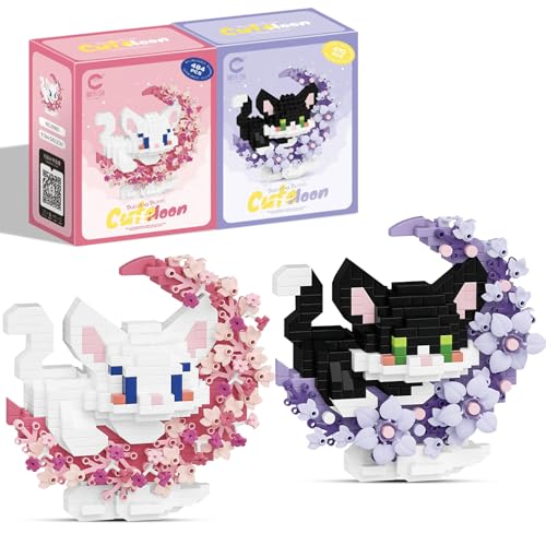 VEQENIFY 2 Stück Katze Mini Bausteine Set Mikro Bausteine Spielzeug Kit Niedlich Katze Bricks Klemmbausteine Tiere Set Geschenke（Weiße + Schwarze） von VEQENIFY