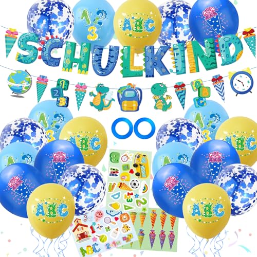 VEQENIFY Einschulung Deko Einschulung Luftballon Schulkind Deko Einschulungsdeko Dekoration Banner Schule Aufkleber Einschulung für den ersten Schultag Klassenzimmer Party Zubehör (Blau) von VEQENIFY