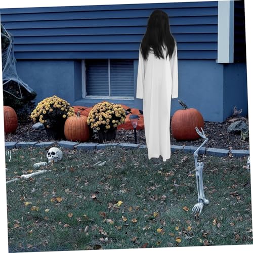 VERDANVERSE Halloween Damen Kostüm Weißes Kleid mit Schwarzer Perücke Horror Cosplay Set für Gruselige Mottoparty Karneval Bühnenauftritt und Halloween Feier Leichtes Atmungsaktives Material von VERDANVERSE