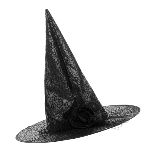 VERDANVERSE Halloween Hexenhut mit Elegantem Spitzen schleier und Schwarzer Rosenverzierung Langlebiger Stoff Bequemes Party hexenkostüm für Mädchen Geeignet für Cosplay und Hexenfest von VERDANVERSE
